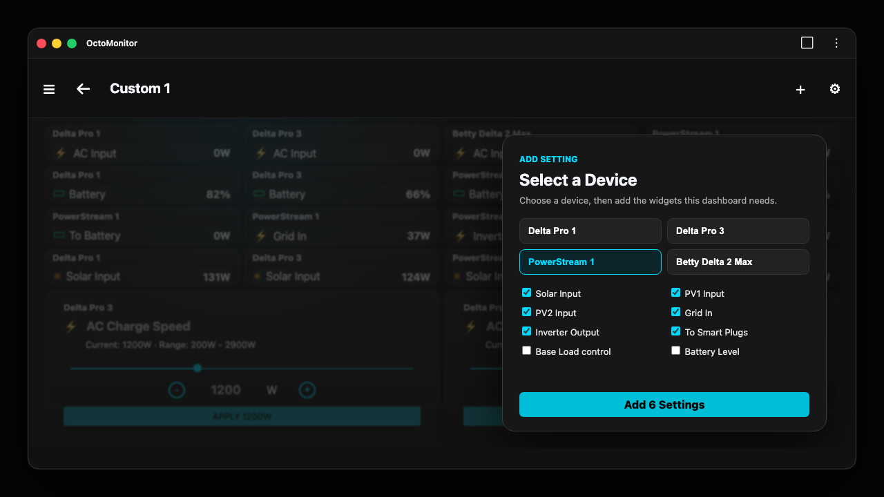 OctoMonitor custom dashboard add setting picker with devices and available widgets