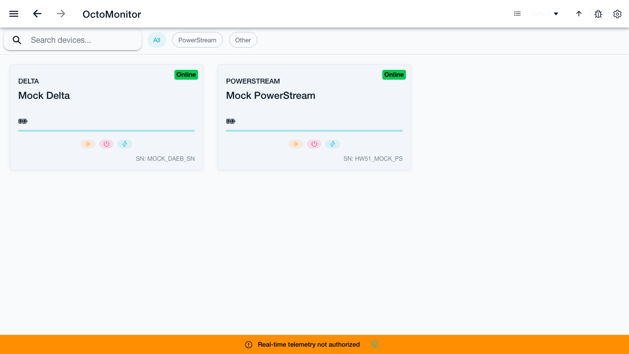 OctoMonitor dashboard showing mock device cards and search controls