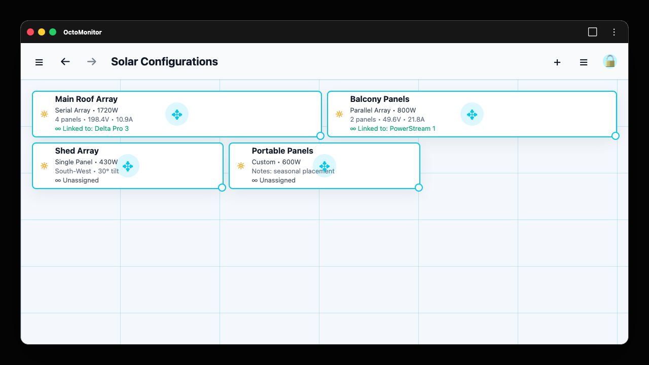 OctoMonitor solar setup layout editor showing grid placement and resize handles
