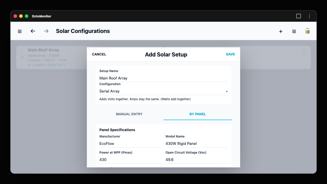 OctoMonitor solar setup panel specifications form with calculated serial array totals